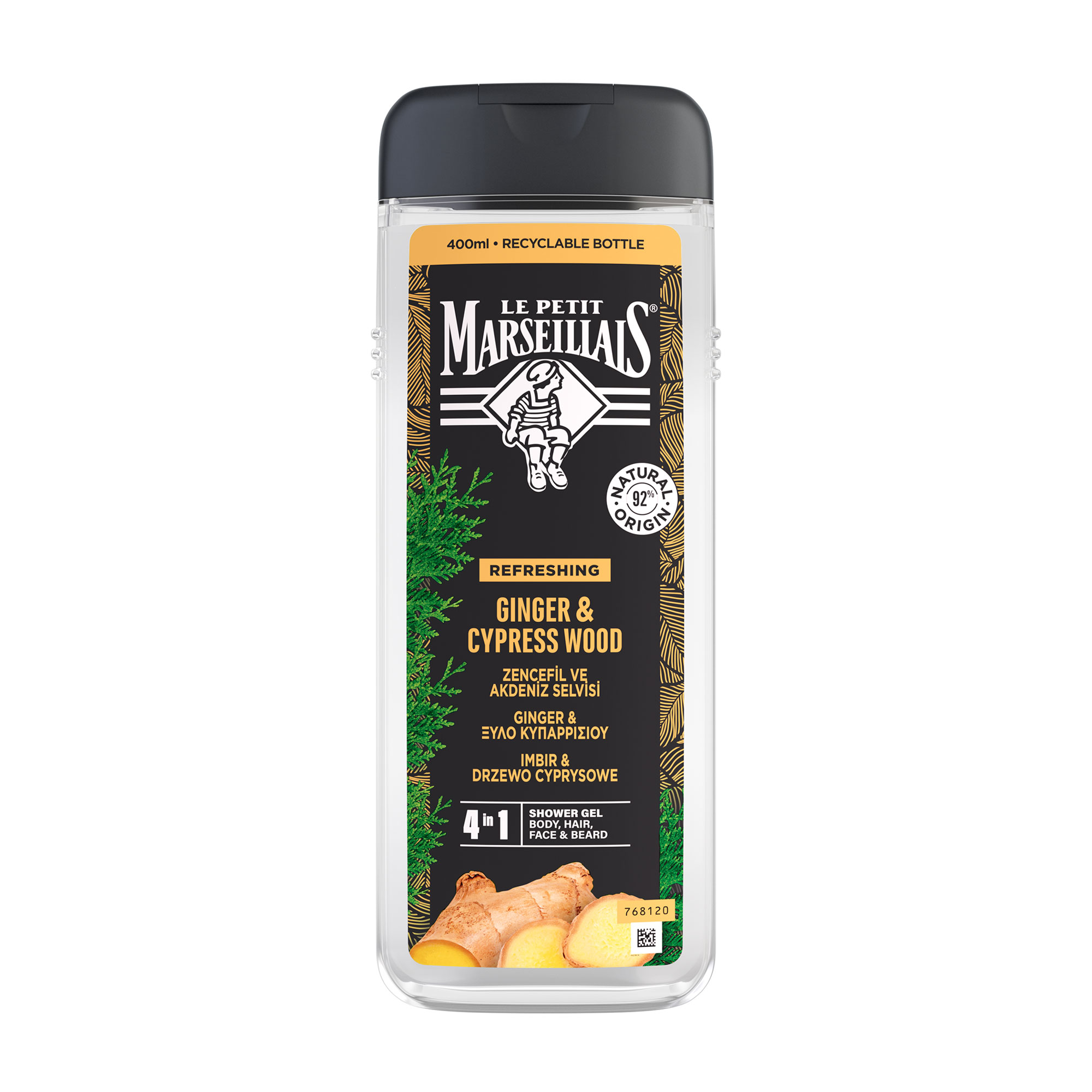 Чоловічий гель для душу 4 в 1 Le Petit Marseillais Body, Hair, Face &amp; Beard Shower Gel Імбир та кипарис, 400 мл